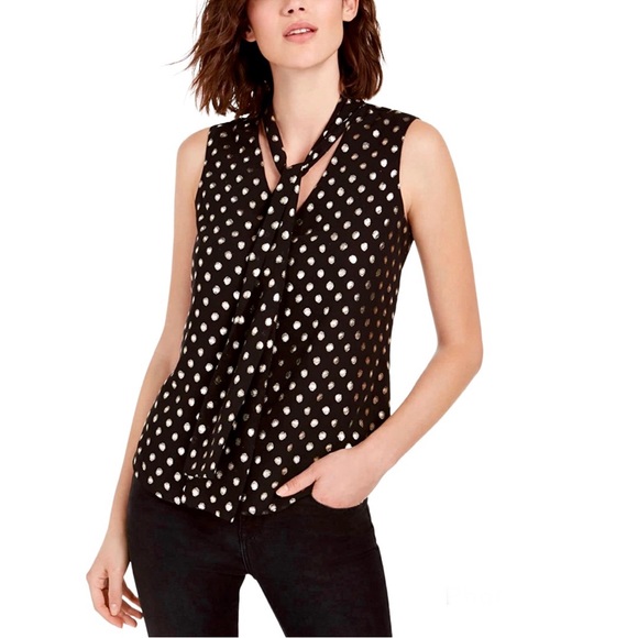 Bar III Tie Neck Metallic Gold Polka Dot Black Sleeveless Top XS Office Business - Picture 1 of 15